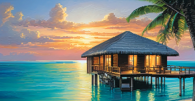 An overwater bungalow in the Maldives at sunset, surrounded by clear waters and tropical plants.