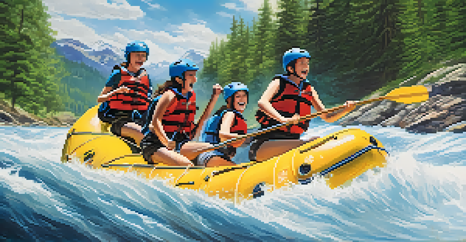 A group of teens rafting in whitewater rapids, showcasing teamwork and excitement amidst beautiful natural scenery.
