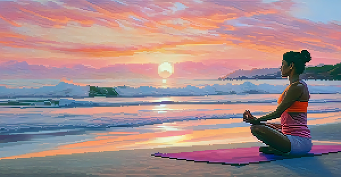 A person practicing yoga on a beach during sunrise, with colorful skies and gentle waves.