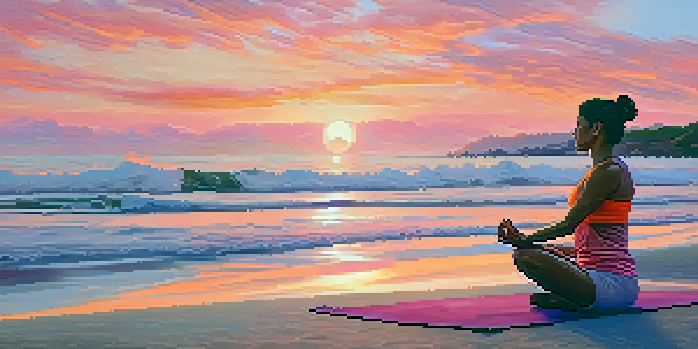 A person practicing yoga on a beach during sunrise, with colorful skies and gentle waves.