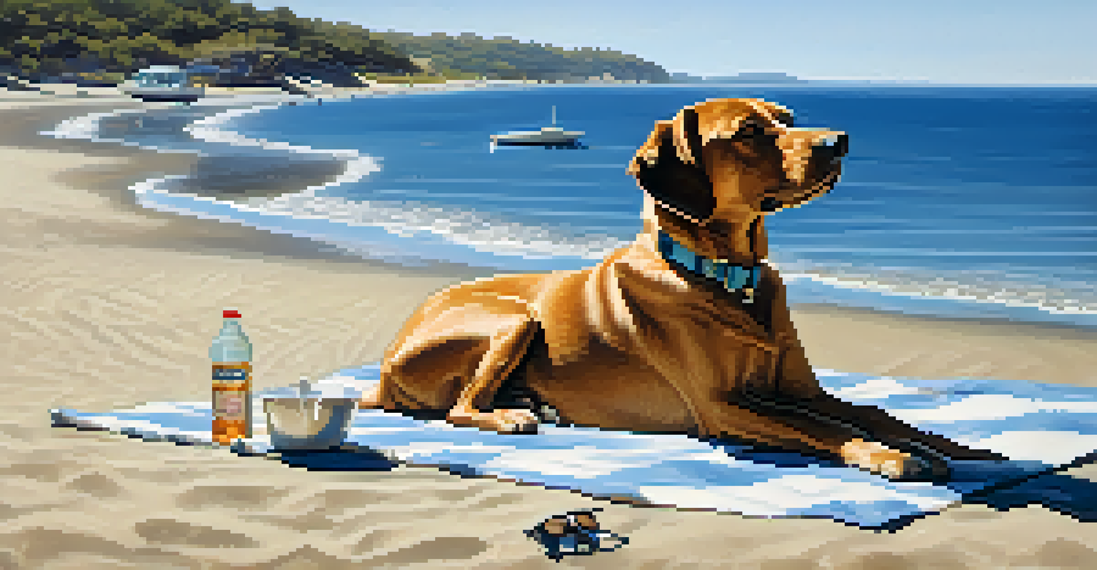 A dog relaxing on a beach towel under an umbrella next to its owner, with a calm beach and gentle waves in the background.
