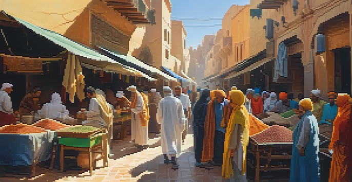 A lively Moroccan market with colorful stalls and vendors interacting with customers, illuminated by warm sunlight.