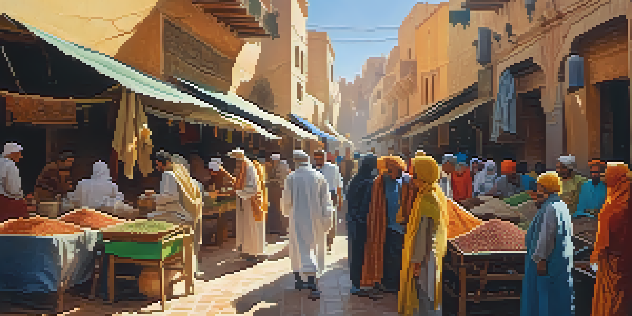 A lively Moroccan market with colorful stalls and vendors interacting with customers, illuminated by warm sunlight.