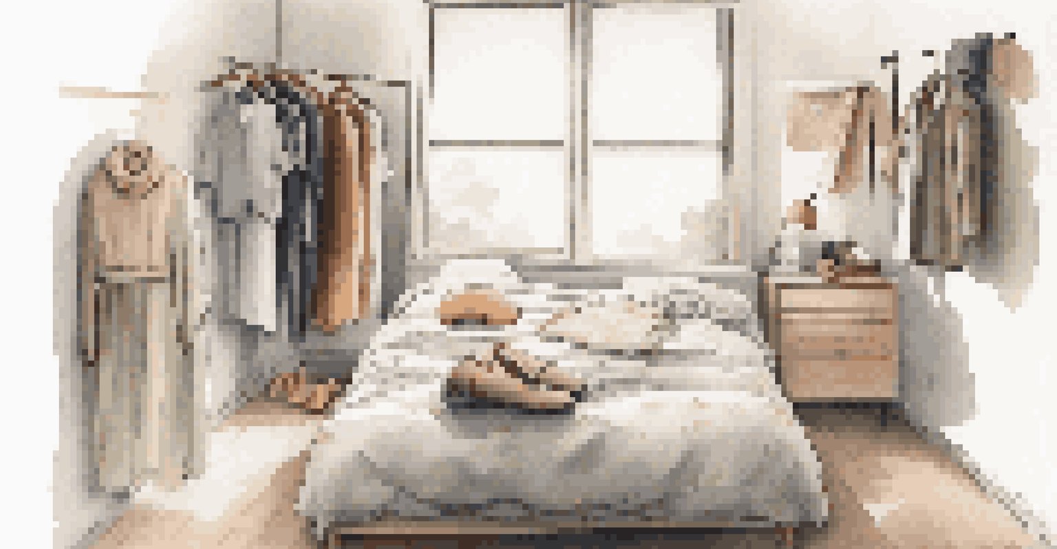 A neatly arranged packing scene on a bed with a lightweight dress, shoes, and a scarf, illuminated by natural light coming through a window.