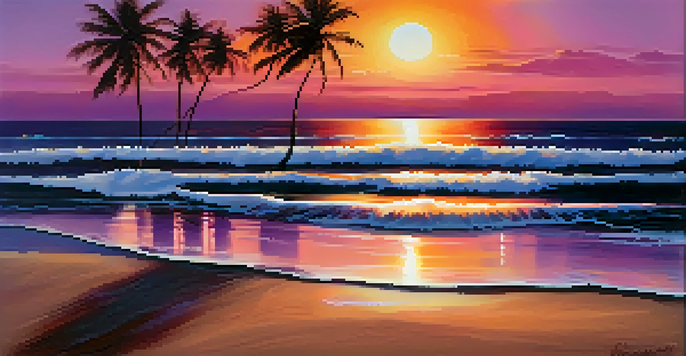A beach at sunset with colorful sky and silhouettes of palm trees, reflecting light on the water and seashells in the foreground.