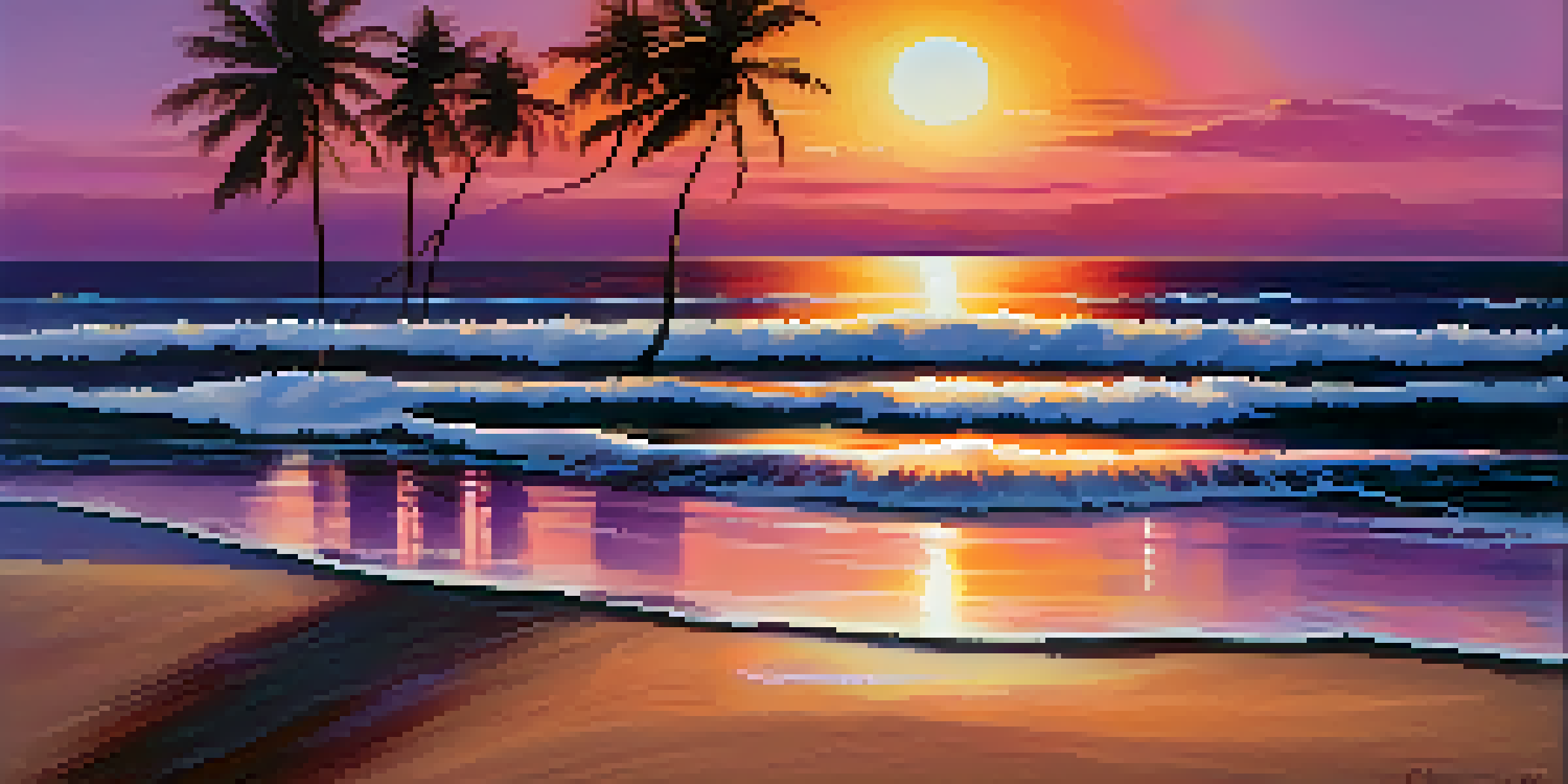 A beach at sunset with colorful sky and silhouettes of palm trees, reflecting light on the water and seashells in the foreground.