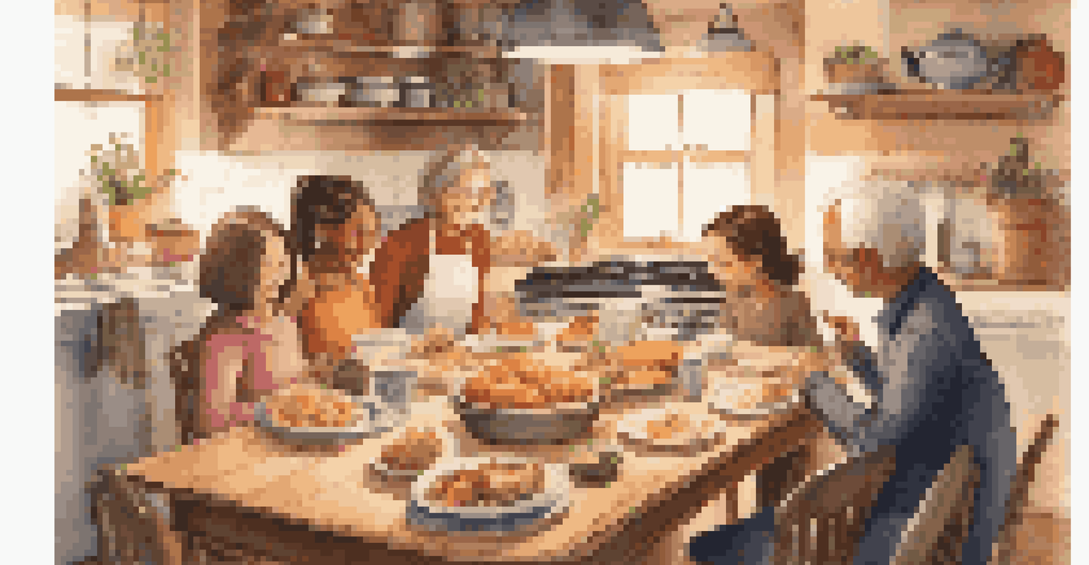 Family members gathered around a table filled with homemade dishes, sharing stories in a cozy kitchen.