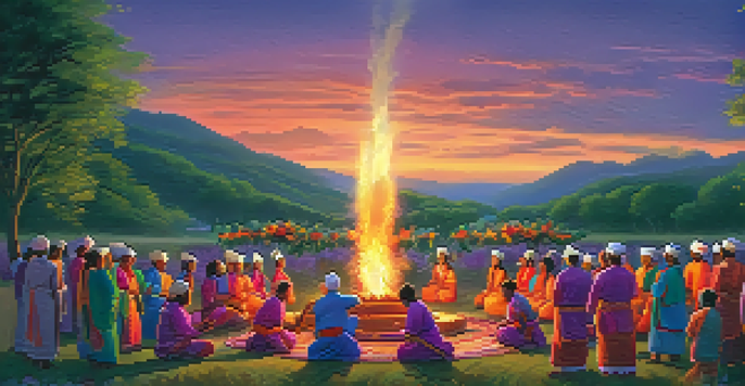 A group of locals in traditional attire dancing around a fire during a sunset ceremony, surrounded by flowers and greenery.