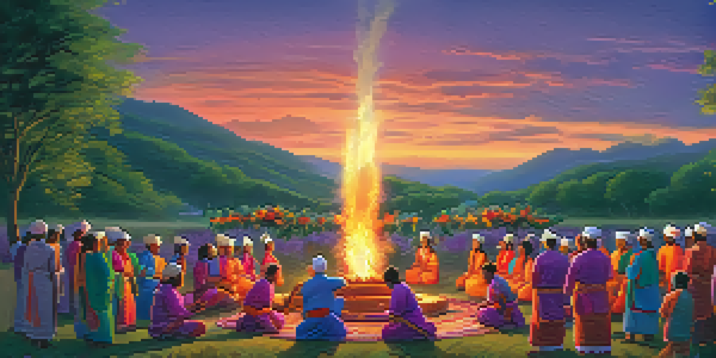 A group of locals in traditional attire dancing around a fire during a sunset ceremony, surrounded by flowers and greenery.