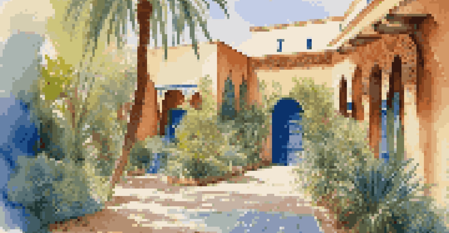 The serene Majorelle Garden with blue buildings and lush greenery, highlighting a peaceful water feature and sunlight filtering through the trees.