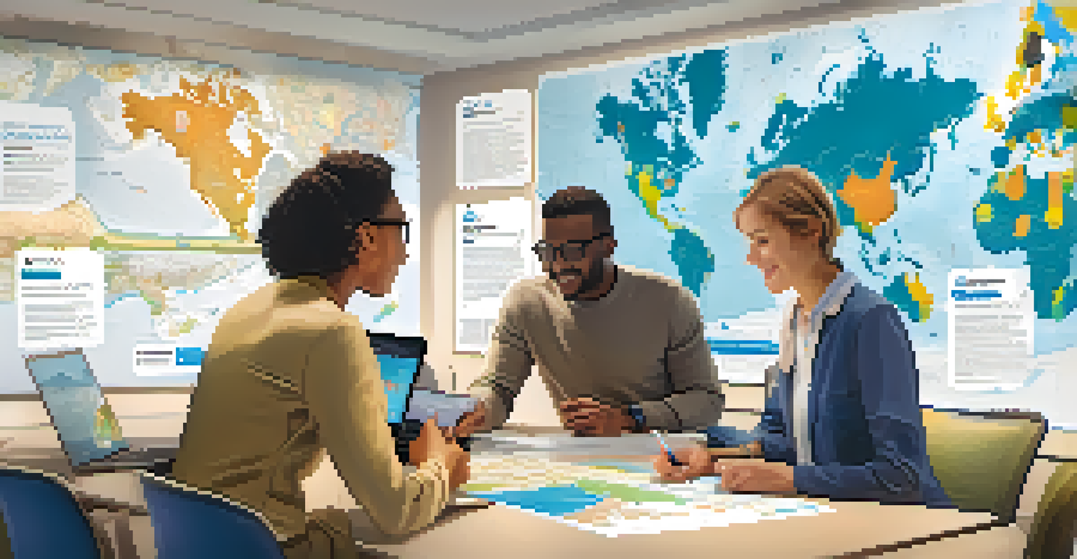 Diverse individuals gathered around a table discussing travel plans with laptops and a map, in a bright room with travel posters.