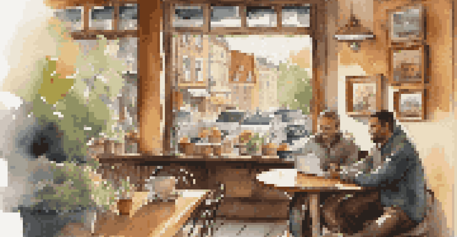 A warm and inviting cafe interior with a traveler working on a laptop, coffee cup on the table, and a view of a busy street through the window.