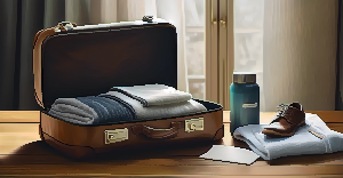 A travel packing list displayed on a wooden table with neatly packed clothing, toiletries, and a suitcase, illuminated by natural light.
