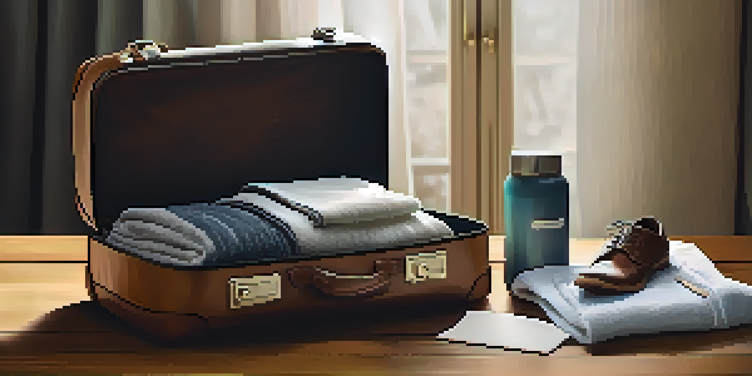 A travel packing list displayed on a wooden table with neatly packed clothing, toiletries, and a suitcase, illuminated by natural light.