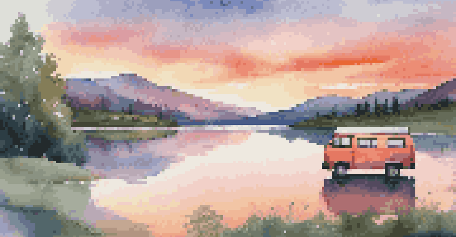 A parked van by a calm lake during sunset, with colorful reflections and surrounding mountains.