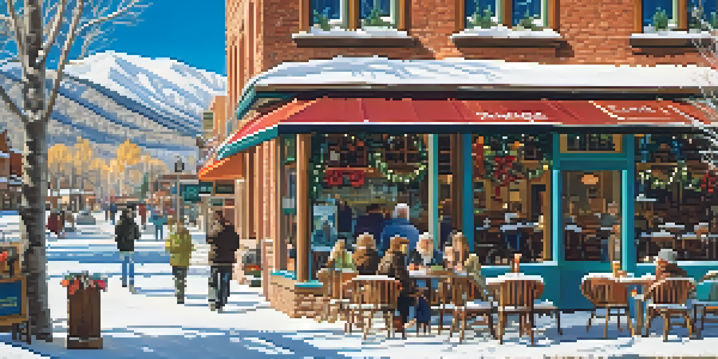 A winter scene in Aspen, Colorado, with snow-covered mountains, a cozy café, and colorful boutiques.