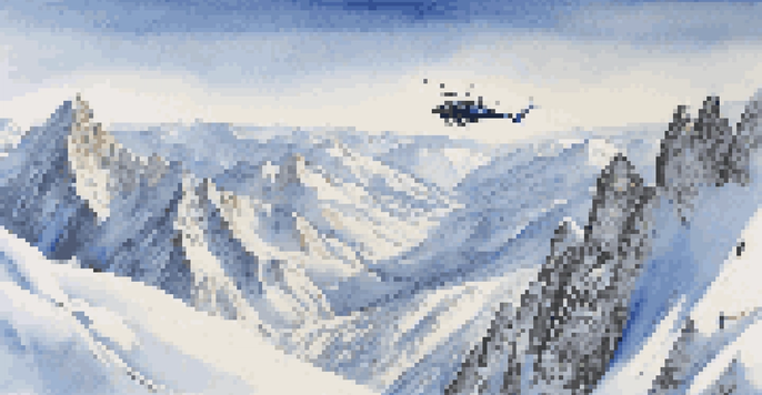 A helicopter above snowy mountains with skiers getting ready to ski down the pristine slopes.