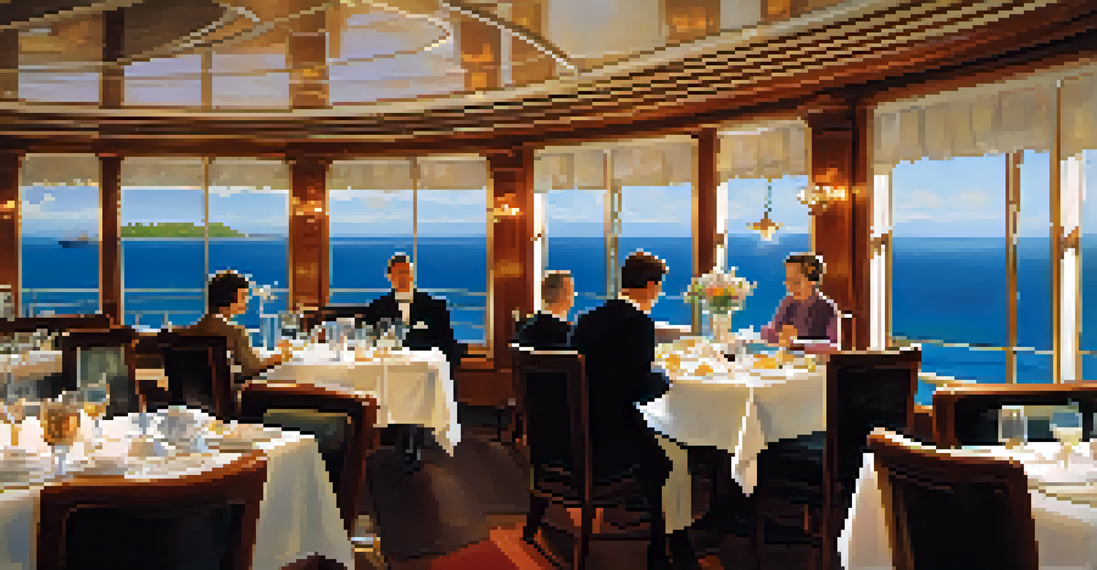 An elegant dining area on a cruise ship with tables set for meals and ocean views through large windows.