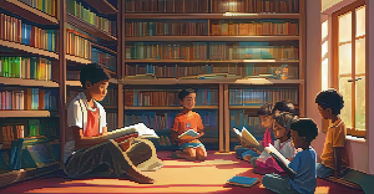 A volunteer reading to children in a cozy library, surrounded by colorful books and warm lighting, fostering learning.