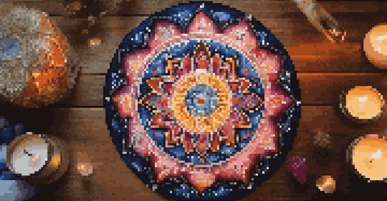 A colorful mandala on a wooden surface surrounded by candles and crystals, illuminated by soft candlelight.