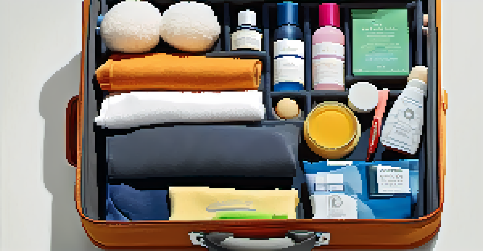 An organized packing cube in a suitcase containing travel-sized toiletries and a small toiletry bag, under soft lighting.
