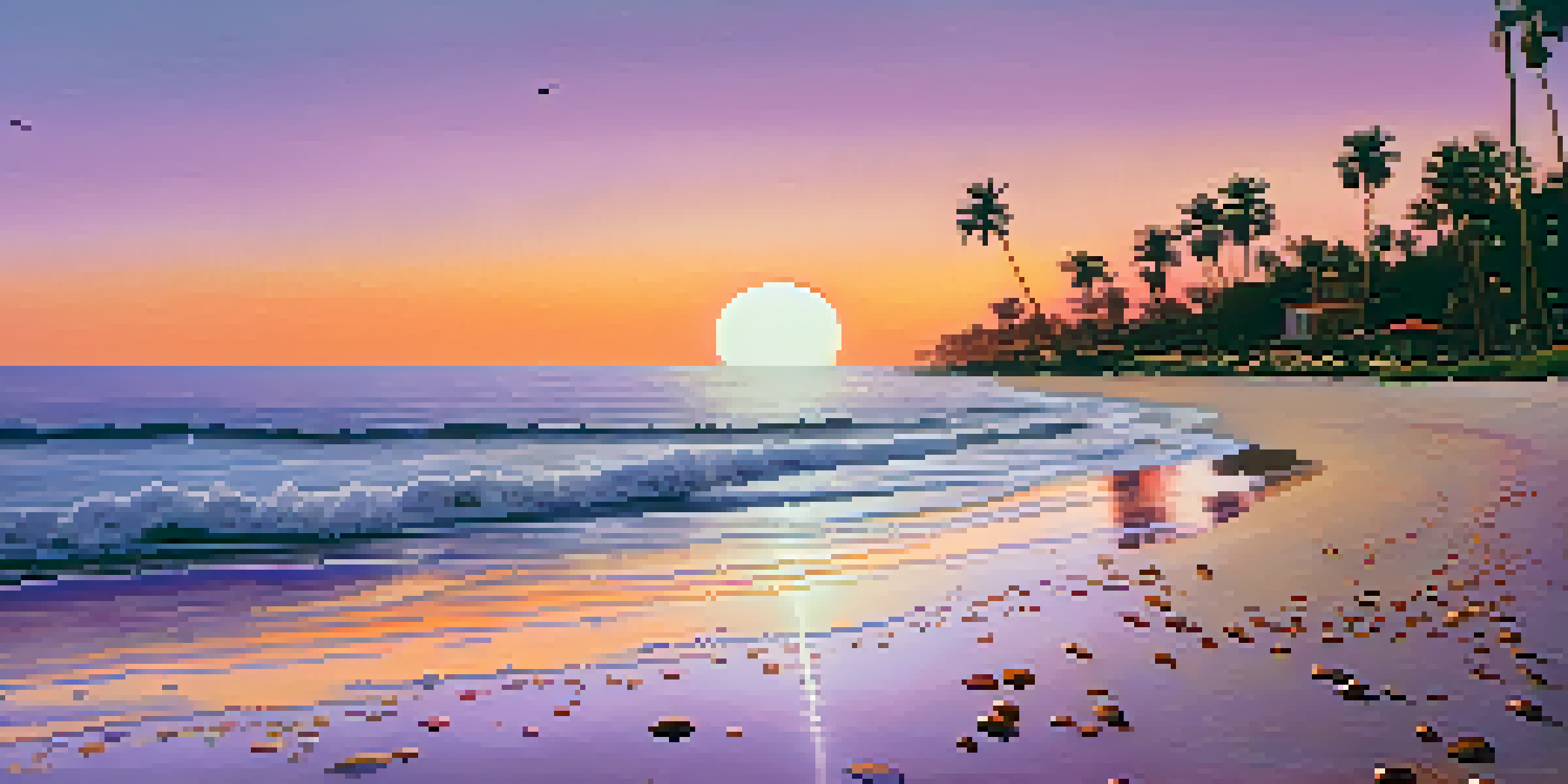 A peaceful beach at sunset with colorful skies and gentle waves, featuring seashells and palm trees.