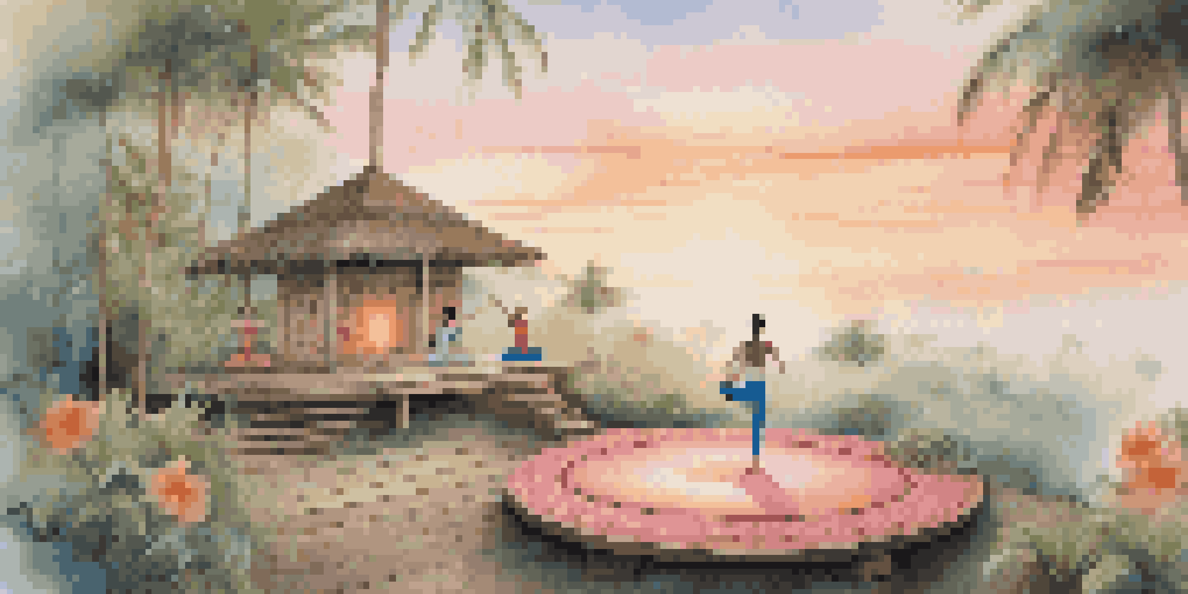A group of individuals practicing yoga on a wooden platform surrounded by lush greenery at sunrise in Bali.