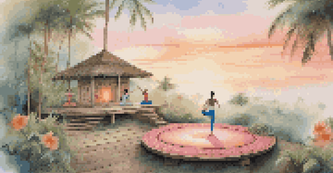 A group of individuals practicing yoga on a wooden platform surrounded by lush greenery at sunrise in Bali.