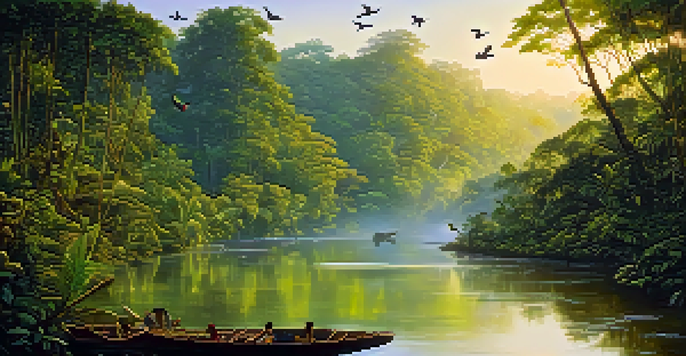 A stunning view of the Amazon Rainforest at sunrise, featuring lush green trees and a winding river under a golden sky.