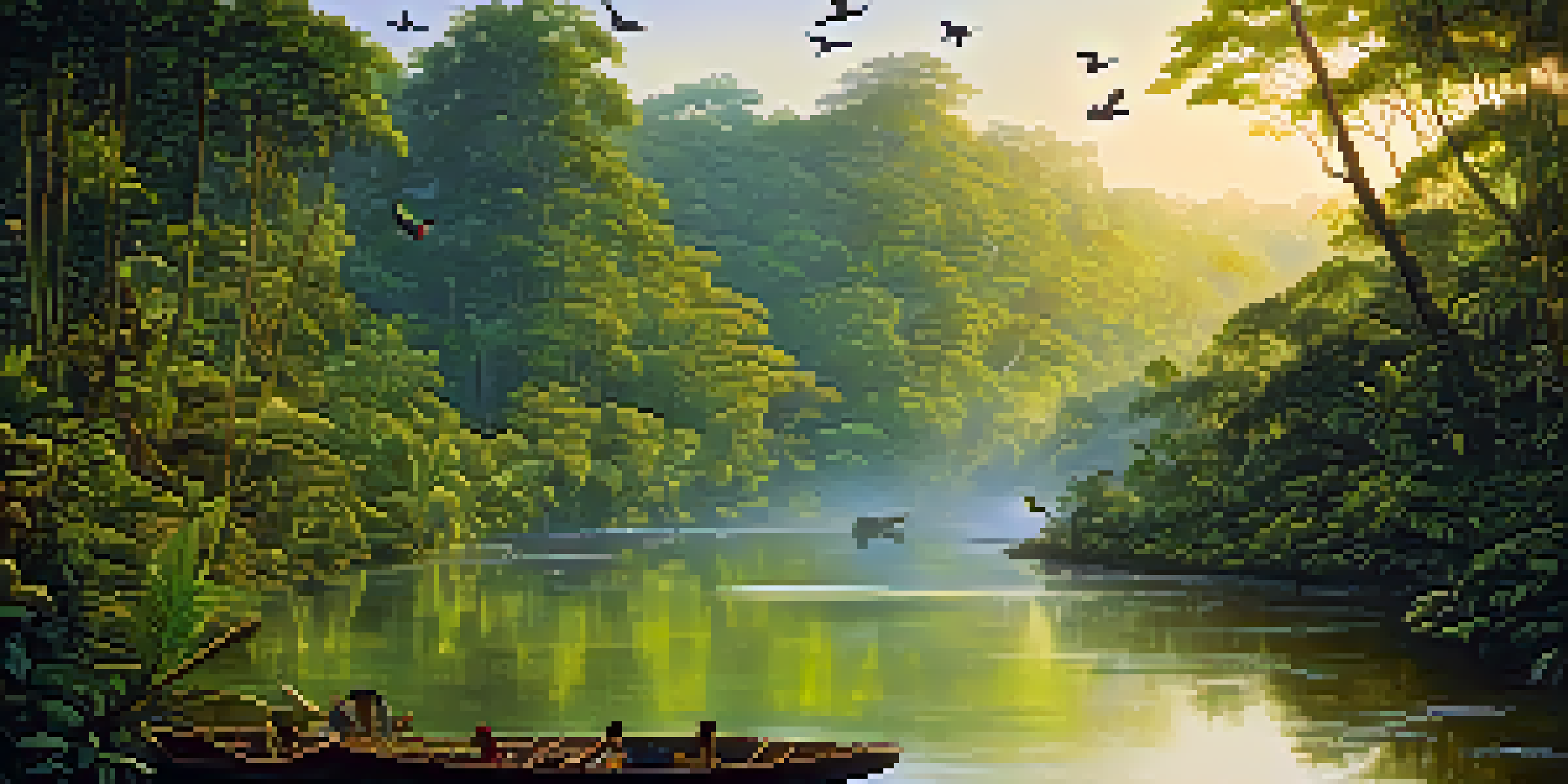 A stunning view of the Amazon Rainforest at sunrise, featuring lush green trees and a winding river under a golden sky.