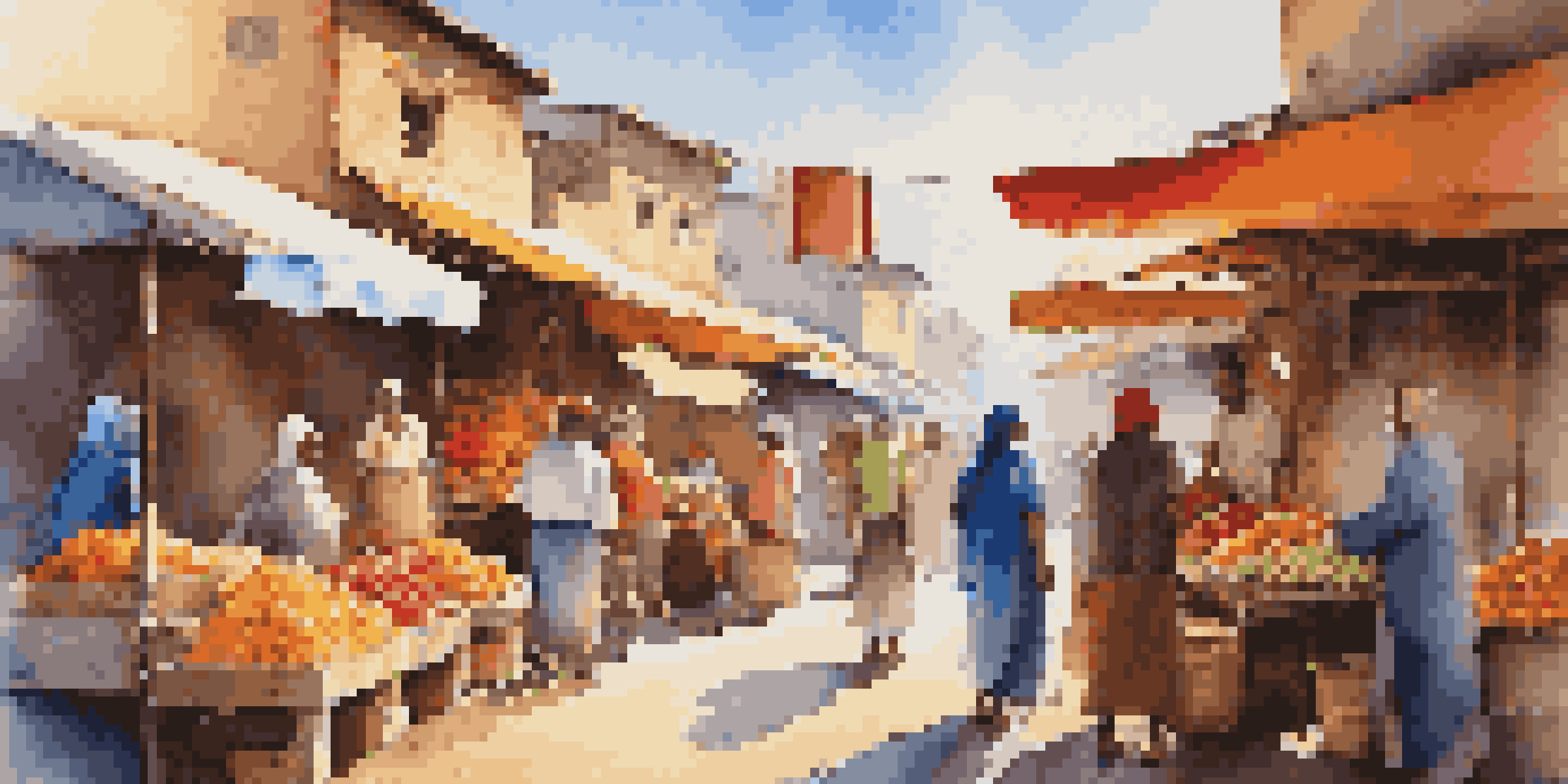 A lively marketplace with various vendors selling colorful goods and travelers engaging with the locals under a clear blue sky.