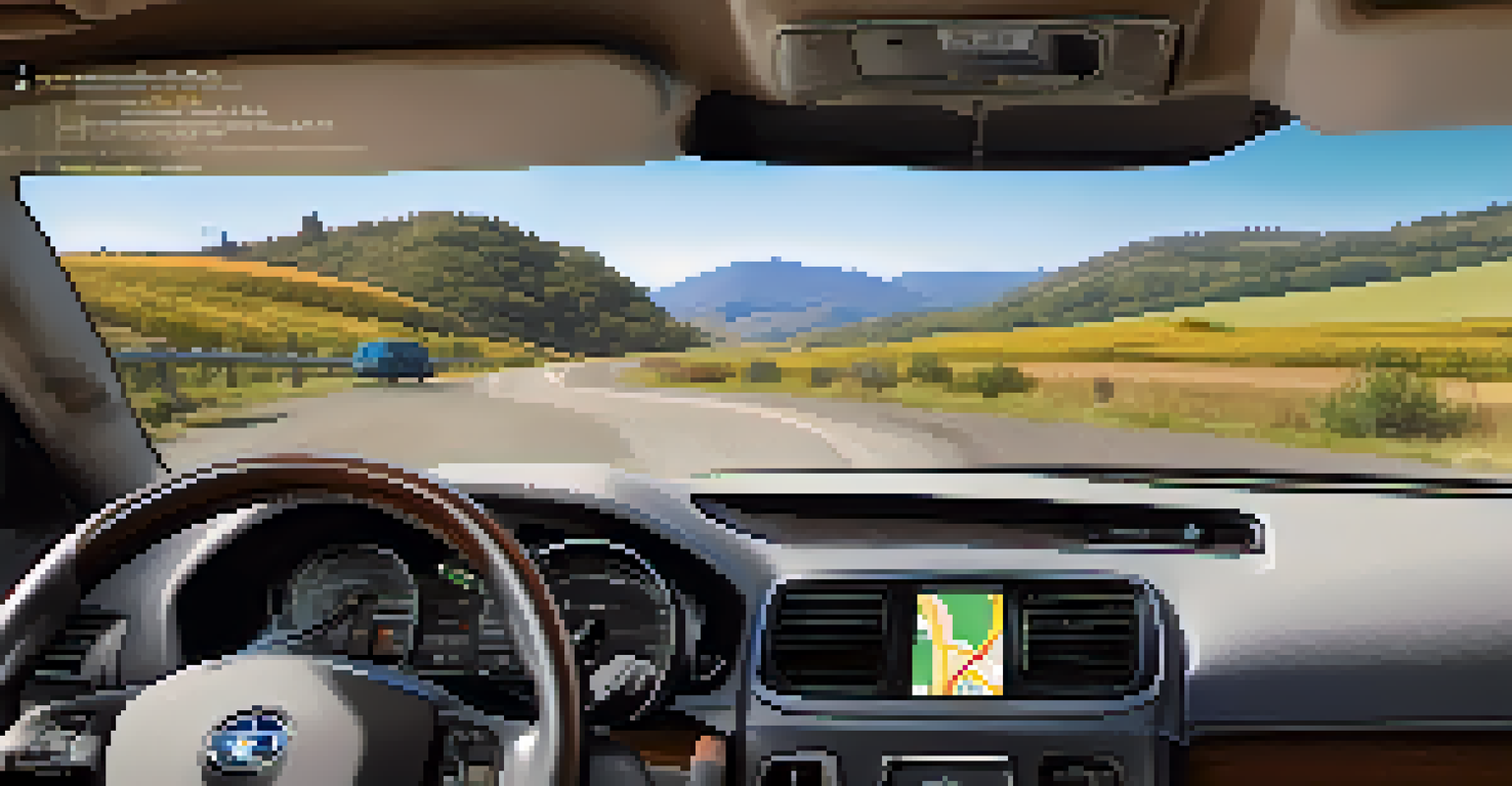 A car dashboard featuring a GPS screen and travel gadgets, with a scenic landscape in the background.