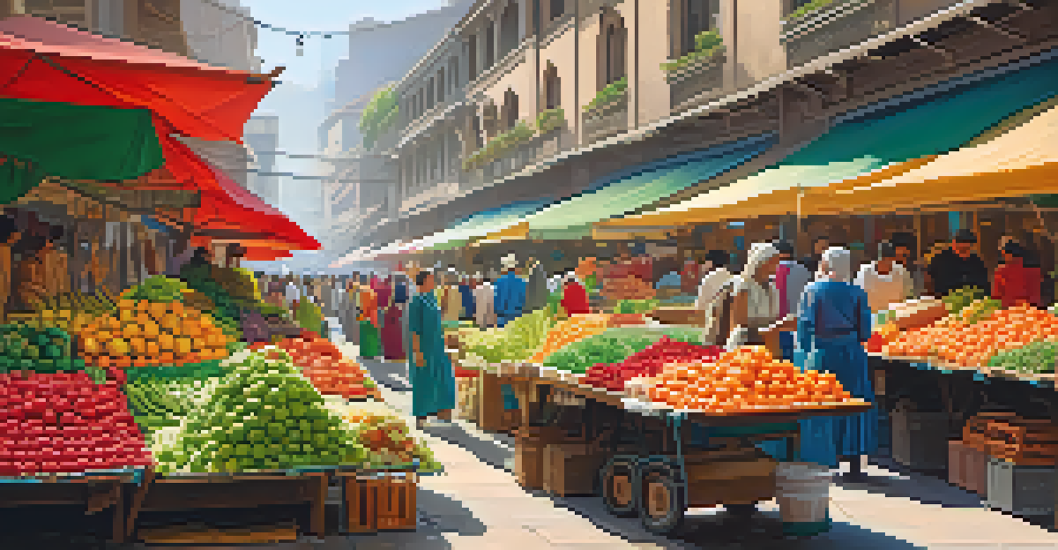 A colorful city market with stalls selling fruits and crafts, bustling with people.