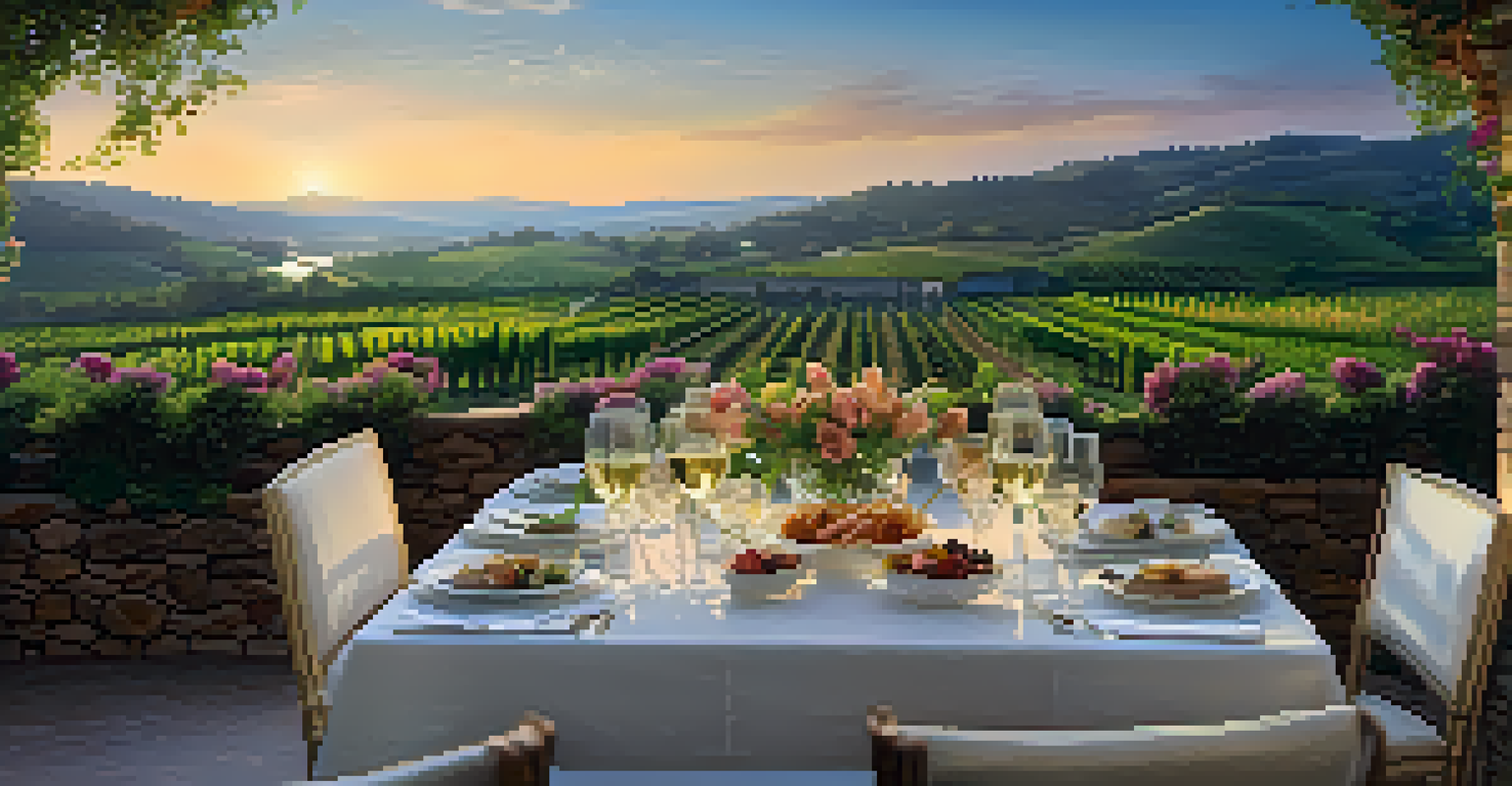 A beautifully set dining table on a terrace with gourmet food and a view of rolling hills and vineyards at sunset.