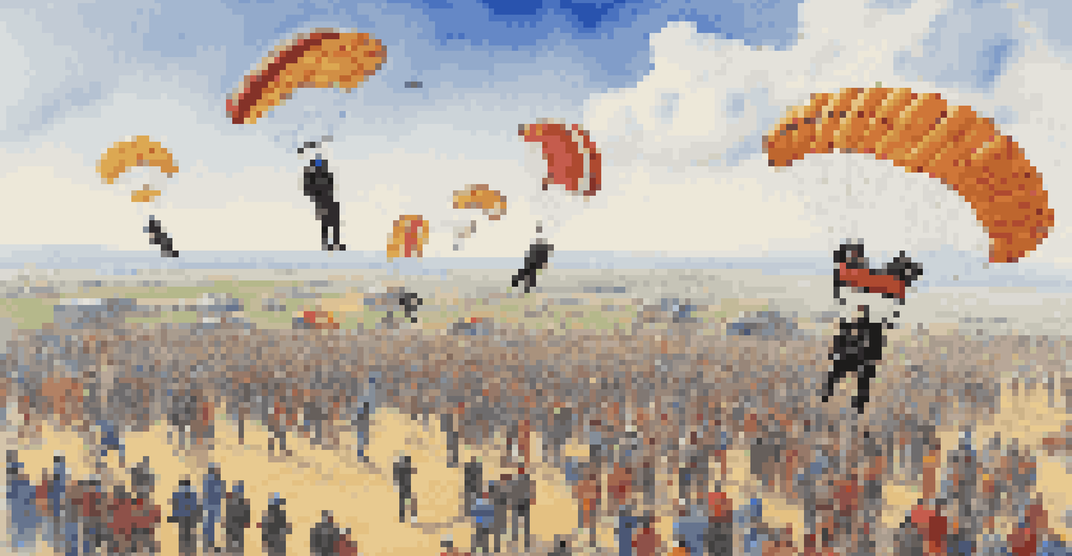 A group of diverse skydivers in colorful jumpsuits gathered at a drop zone, sharing stories, with an airplane in the background and a clear blue sky.