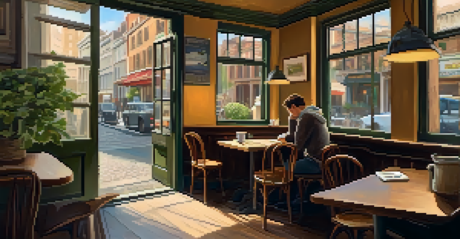 A traveler in a cozy café reading a book and enjoying coffee, with a window view outside.
