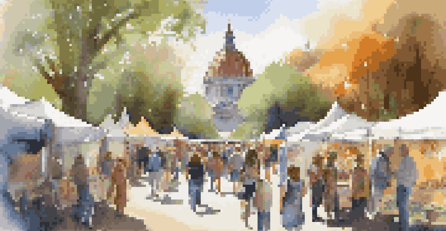 A lively art fair displaying local artists' work, with colorful tents and visitors engaging in the artistic atmosphere.