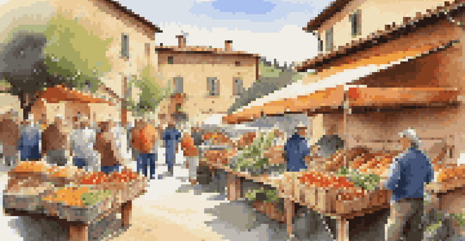 A bustling farmer's market in Tuscany with colorful stalls of fresh produce and locals enjoying samples, set against a backdrop of sunlit hills.