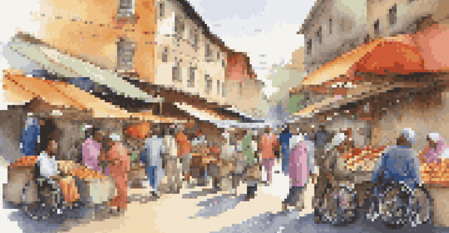 A lively market scene with diverse travelers, including individuals with mobility aids, enjoying the vibrant atmosphere.
