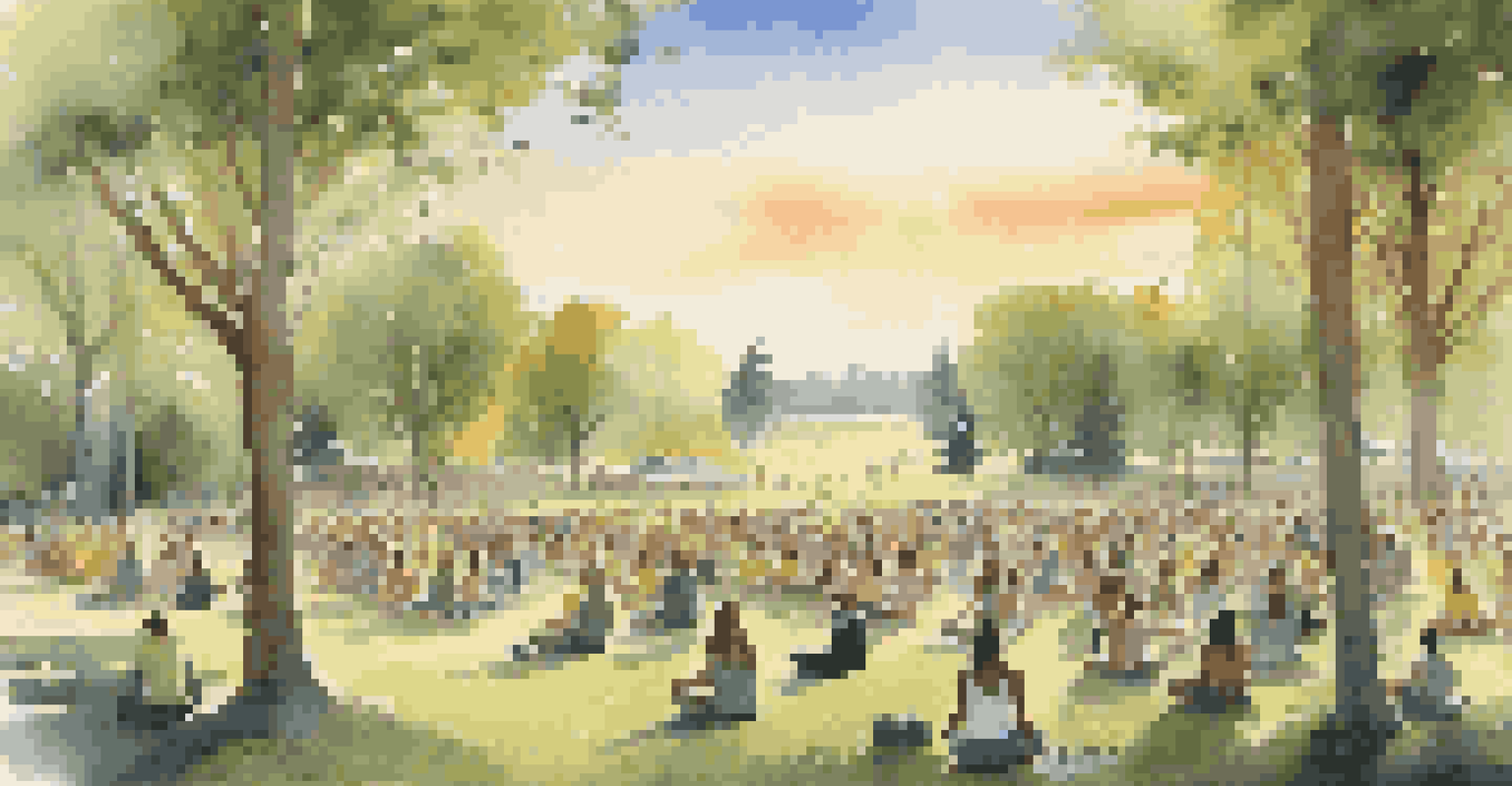 A tranquil forest festival with attendees meditating and participating in workshops, surrounded by nature and renewable energy sources. A warm sunset adds beauty to the scene.