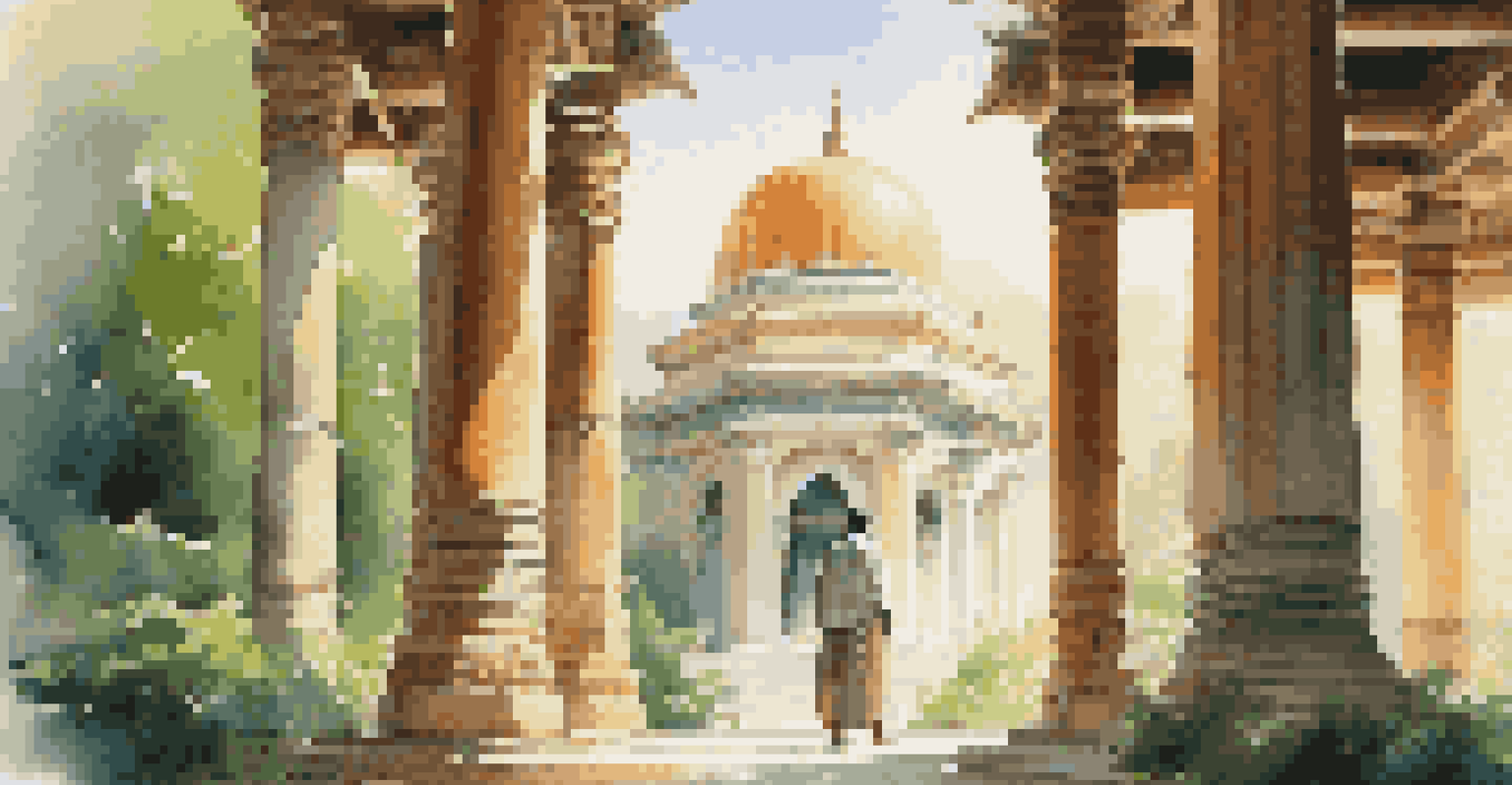 A respectful traveler admiring the architectural details of a temple, surrounded by lush greenery in soft morning light.