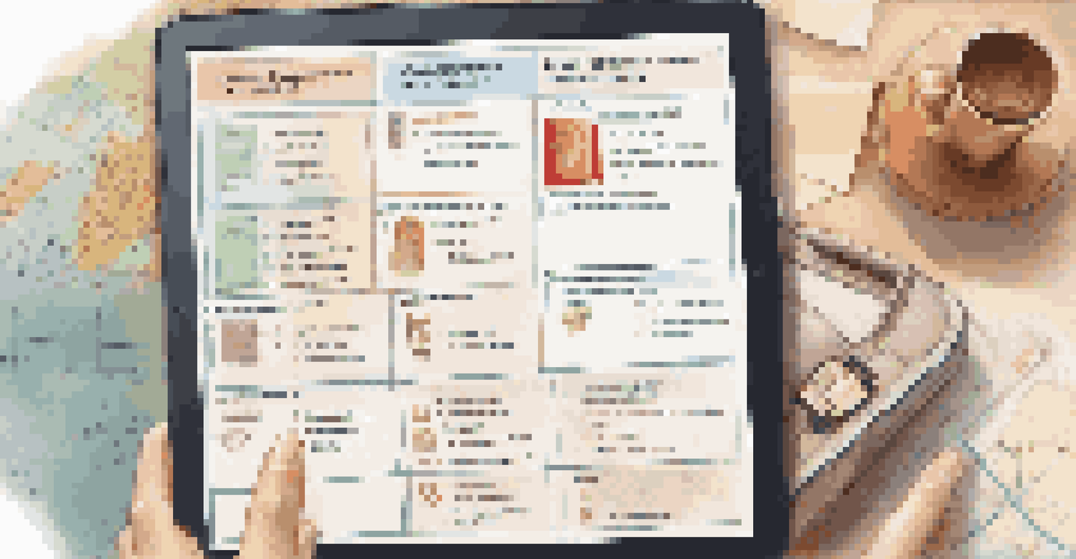 A close-up of a digital travel document checklist on a tablet, showing checkboxes for essential travel items, with a blurred travel-themed background.