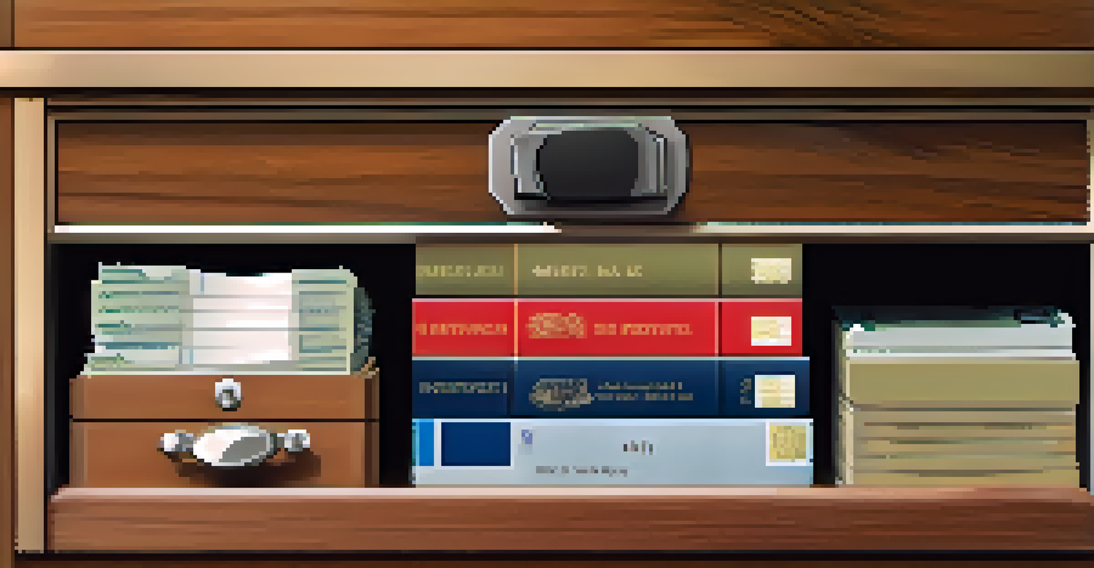 A close-up of a hotel room safe with passports and cash inside, set against a blurred hotel room background.