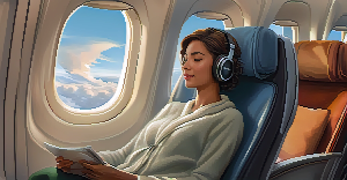 A passenger in an airplane seat using a travel pillow and headphones, with a blanket covering their legs and clouds visible outside the window.