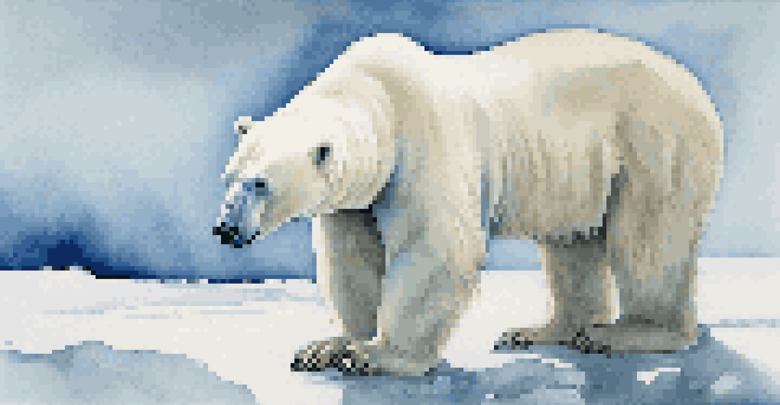 A close-up of a polar bear on melting ice, looking concerned, highlighting the effects of climate change.