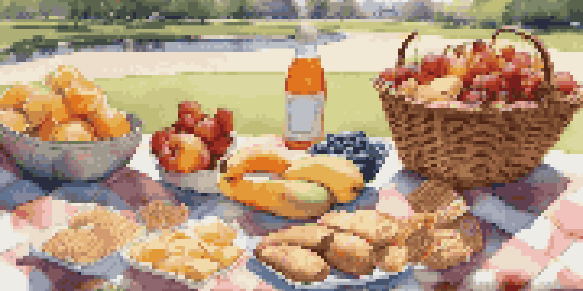 A vibrant picnic scene with gluten-free snacks and fresh fruits on a checkered blanket, set in a sunny park.