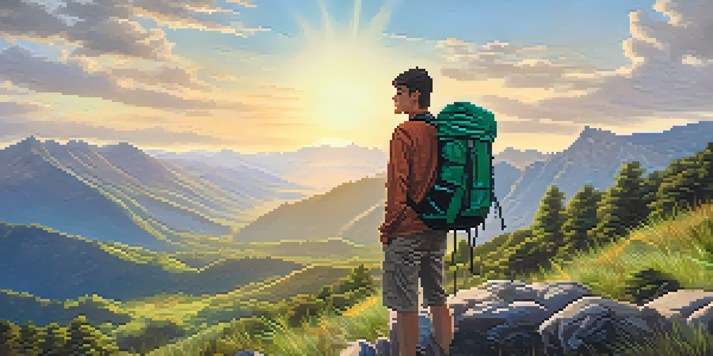 A hiker with an eco-friendly backpack stands in a mountainous landscape under warm sunlight, emphasizing the sustainable features of the backpack.