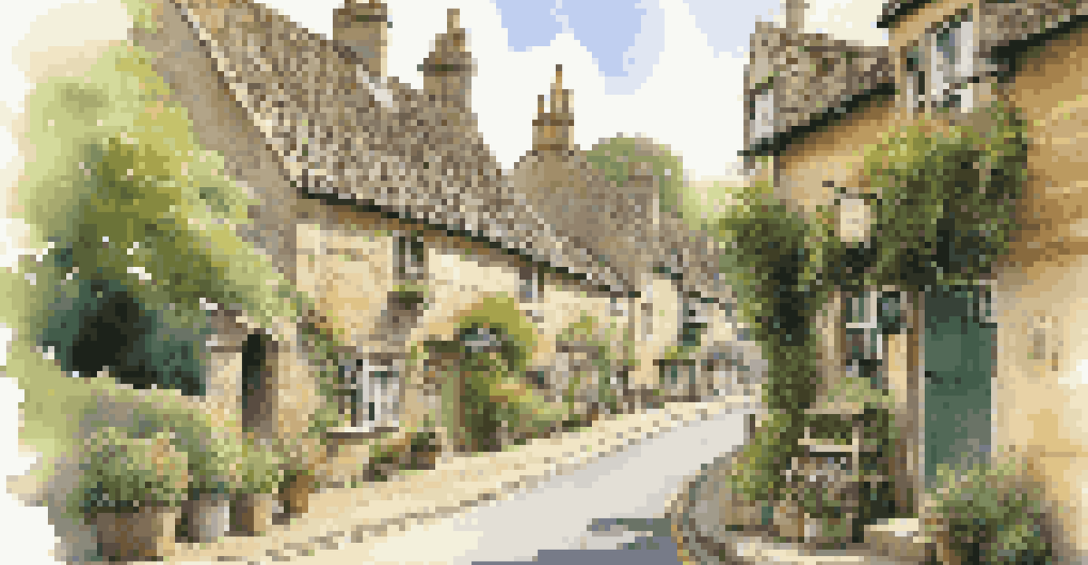 A charming cobblestone street in Lacock, featuring preserved buildings and a quaint tea room, with visitors in period costumes.