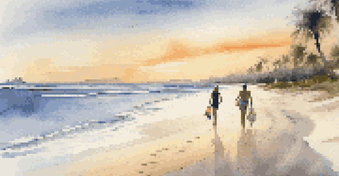 A couple walking on a beach at sunset, with palm trees and beach towels in the foreground.