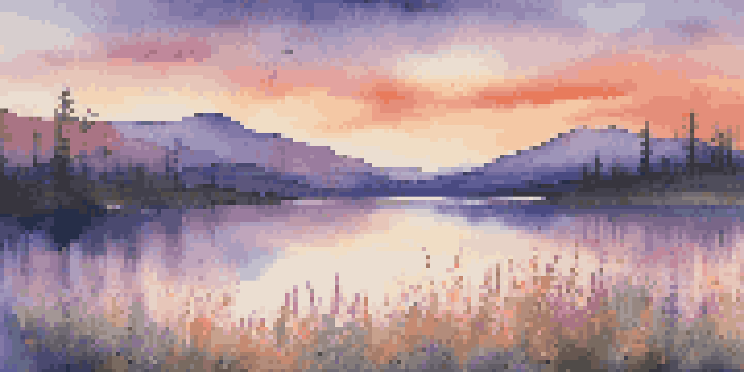 A peaceful landscape at dusk with a lake reflecting a colorful sunset and silhouetted mountains in the background.